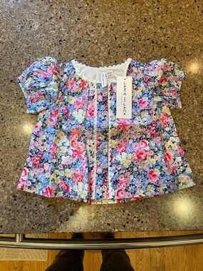 Janie and Jack Pink Blue Floral Puff-Sleeve Girls' Blouse size 6-12 month
